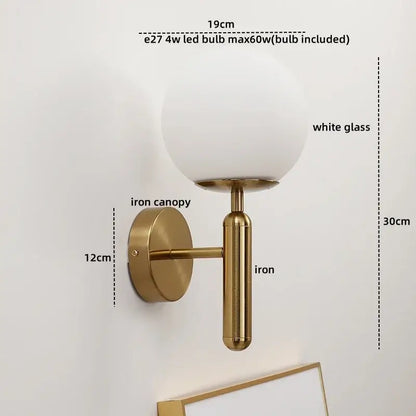 Gold led glass iron wall light with pull chain for bedroom