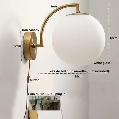 Gold led glass iron wall light with pull chain for bedroom