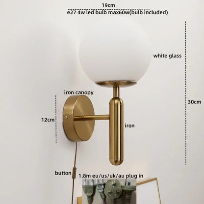 Gold led glass iron wall light with pull chain for bedroom