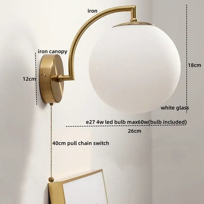 Gold led glass iron wall light with pull chain for bedroom