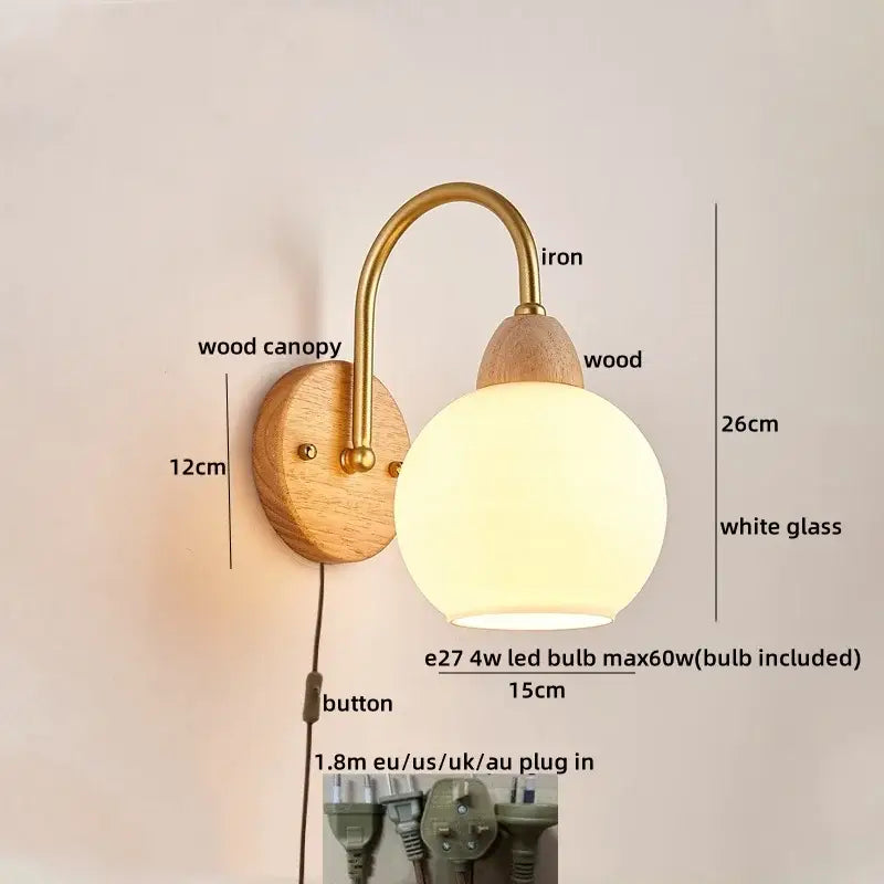 Modern brass and wood glass globe wall light fixture bedroom lamp