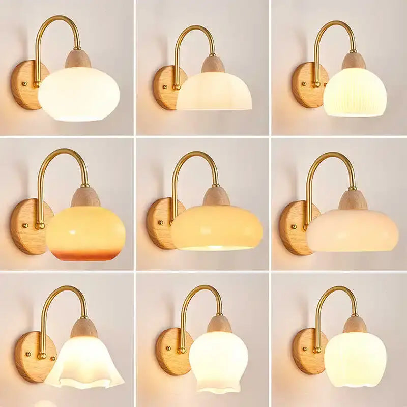 Modern brass and wood glass globe wall light fixture bedroom lamp
