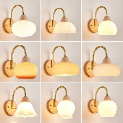 Modern brass and wood glass globe wall light fixture bedroom lamp