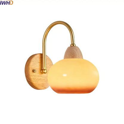 Modern brass and wood glass globe wall light fixture bedroom lamp