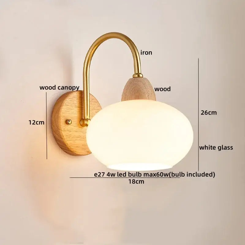 Modern brass and wood glass globe wall light fixture bedroom lamp