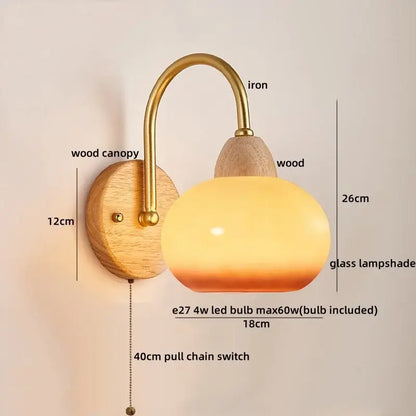 Modern brass and wood glass globe wall light fixture bedroom lamp