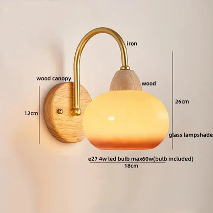Modern brass and wood glass globe wall light fixture bedroom lamp