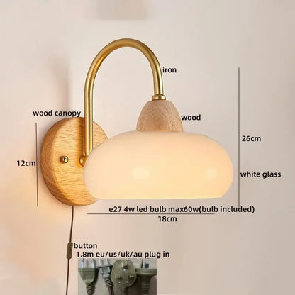 Modern brass and wood glass globe wall light fixture bedroom lamp
