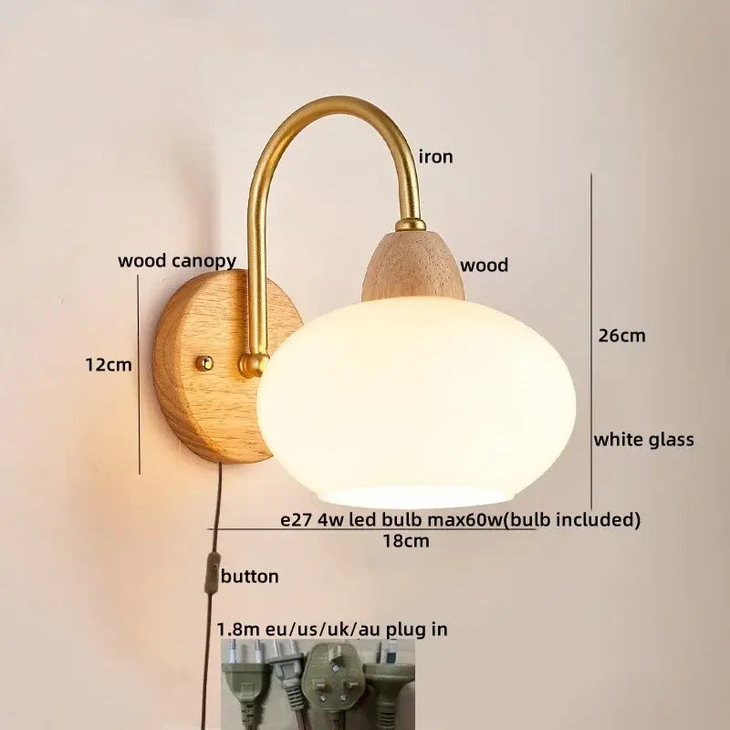 Modern brass and wood glass globe wall light fixture bedroom lamp