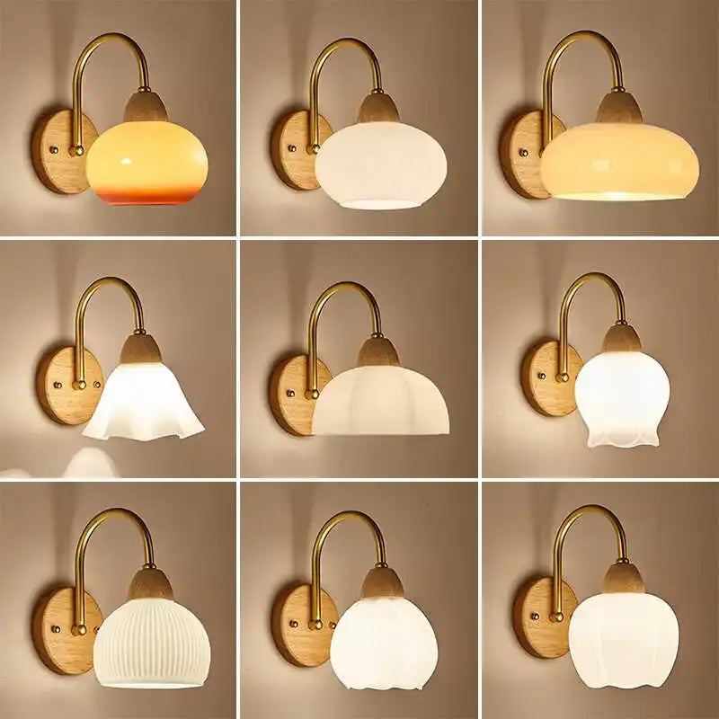 Modern brass and wood glass globe wall light fixture bedroom lamp