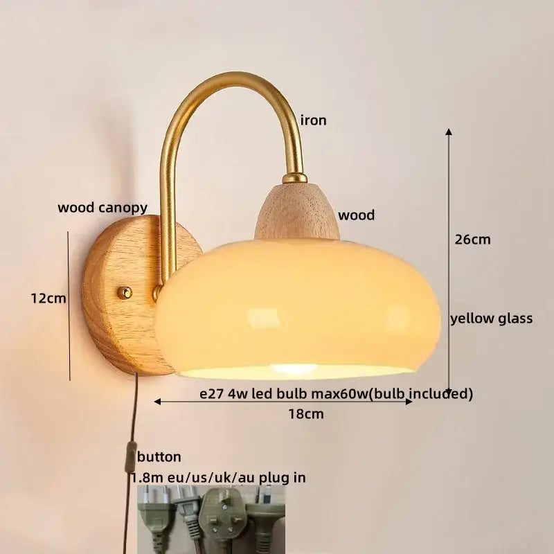 Modern brass and wood glass globe wall light fixture bedroom lamp