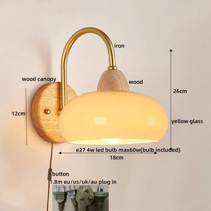 Modern brass and wood glass globe wall light fixture bedroom lamp