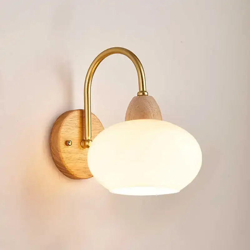 Modern brass and wood glass globe wall light fixture bedroom lamp