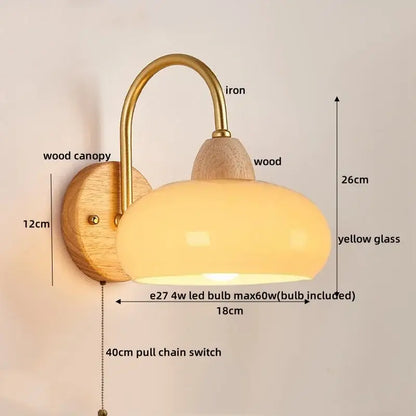 Modern brass and wood glass globe wall light fixture bedroom lamp