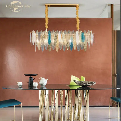 Postmodern blue & white led glass metal leaf chandelier living room