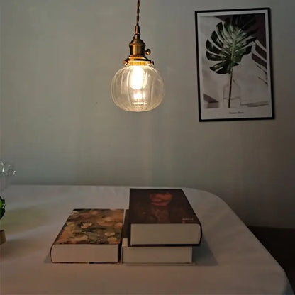 Industrial brass ribbed glass globe pendant light fixture kitchen