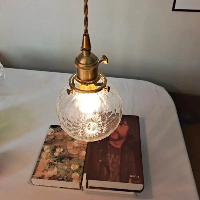 Industrial brass ribbed glass globe pendant light fixture kitchen