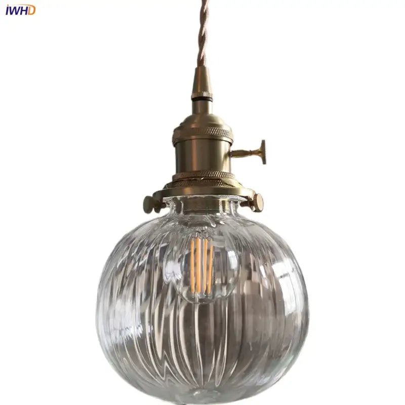 Industrial brass ribbed glass globe pendant light fixture kitchen