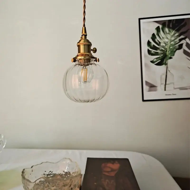 Industrial brass ribbed glass globe pendant light fixture kitchen