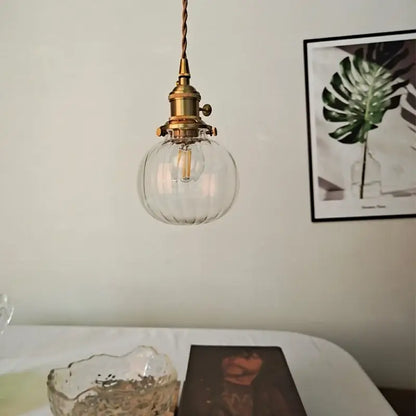 Industrial brass ribbed glass globe pendant light fixture kitchen
