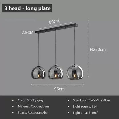 Modern black triple led glass pendant light dining room