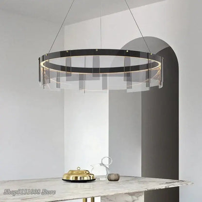 Modern black glass ring pendant light for dining room