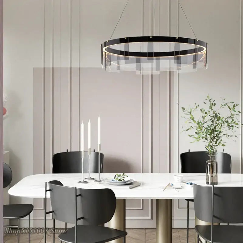 Modern black glass ring pendant light for dining room