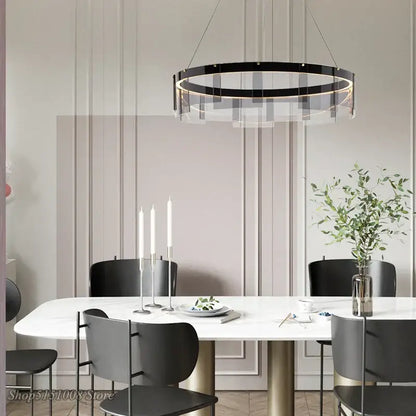 Modern black glass ring pendant light for dining room