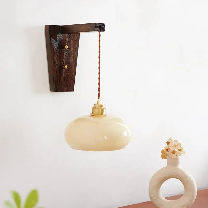 Amber glass led glass sconce wall lamp – bedroom brass fixture