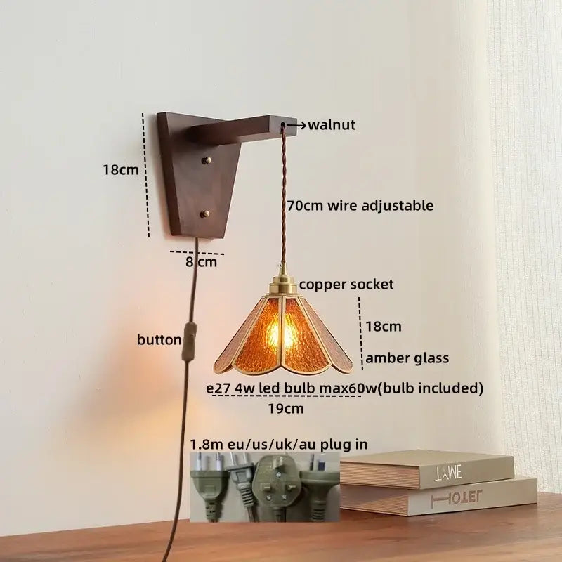 Amber glass led glass sconce wall lamp – bedroom brass fixture