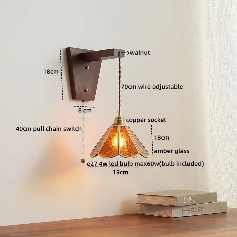 Amber glass led glass sconce wall lamp – bedroom brass fixture