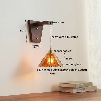Amber glass led glass sconce wall lamp – bedroom brass fixture