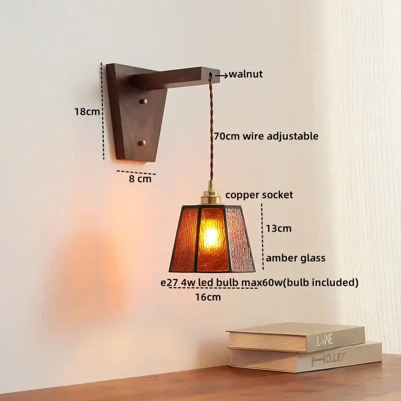 Amber glass led glass sconce wall lamp – bedroom brass fixture