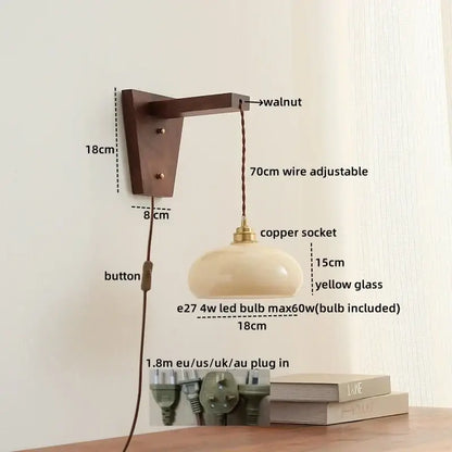 Amber glass led glass sconce wall lamp – bedroom brass fixture