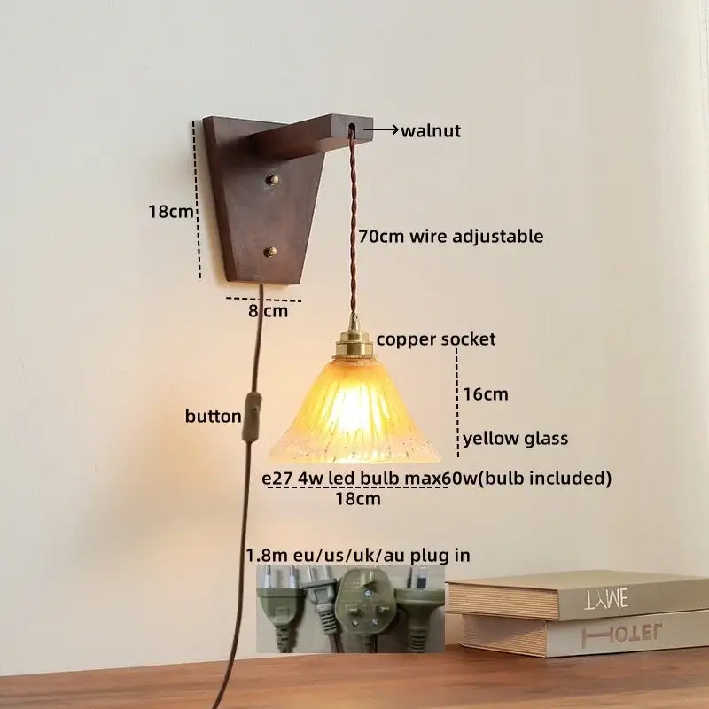 Amber glass led glass sconce wall lamp – bedroom brass fixture