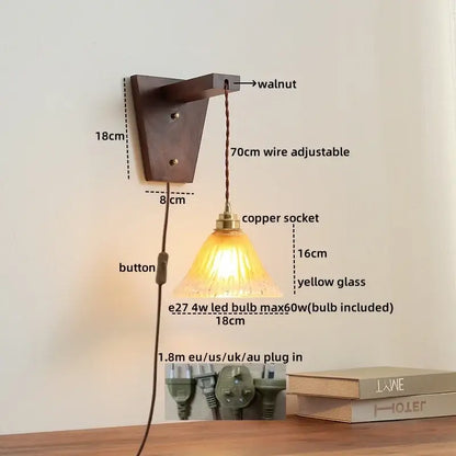 Amber glass led glass sconce wall lamp – bedroom brass fixture