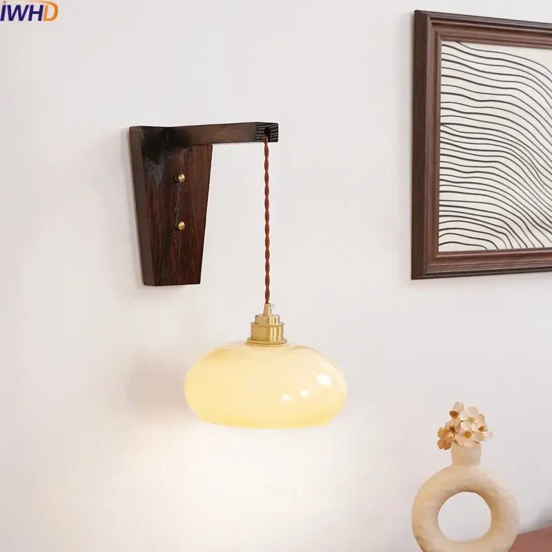 Amber glass led glass sconce wall lamp – bedroom brass fixture