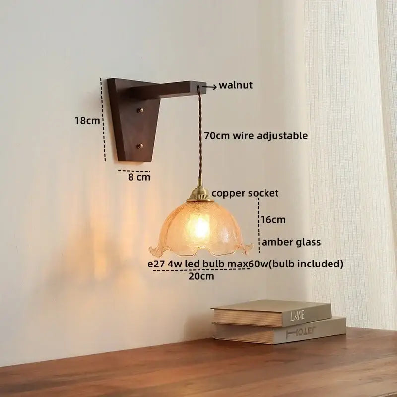 Amber glass led glass sconce wall lamp – bedroom brass fixture