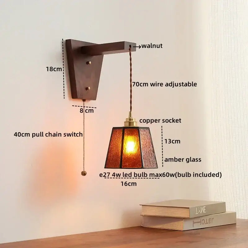 Amber glass led glass sconce wall lamp – bedroom brass fixture