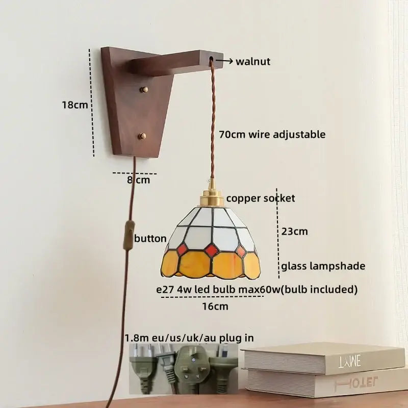 Amber glass led glass sconce wall lamp – bedroom brass fixture