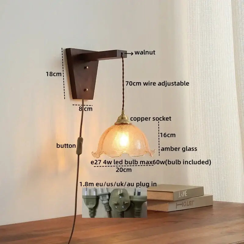 Amber glass led glass sconce wall lamp – bedroom brass fixture