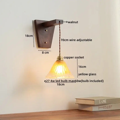 Amber glass led glass sconce wall lamp – bedroom brass fixture