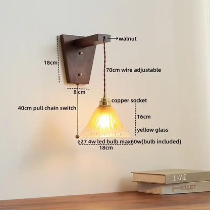 Amber glass led glass sconce wall lamp – bedroom brass fixture