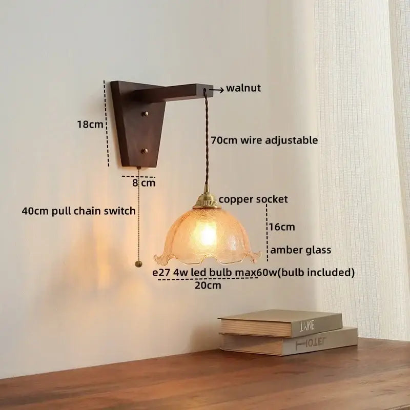 Amber glass led glass sconce wall lamp – bedroom brass fixture