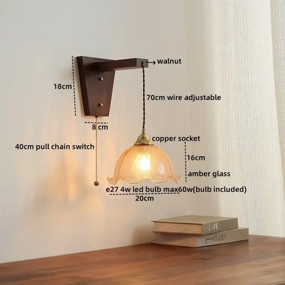 Amber glass led glass sconce wall lamp – bedroom brass fixture