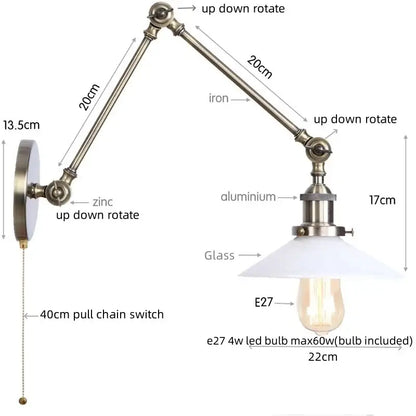 Antique brass ribbed led glass swing arm wall lamps for bedroom