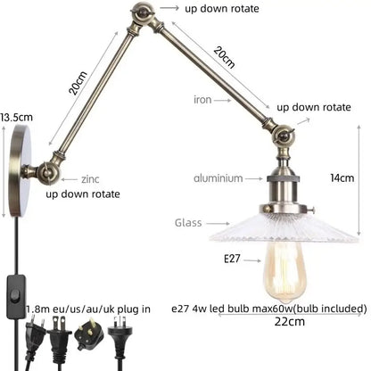 Antique brass ribbed led glass swing arm wall lamps for bedroom