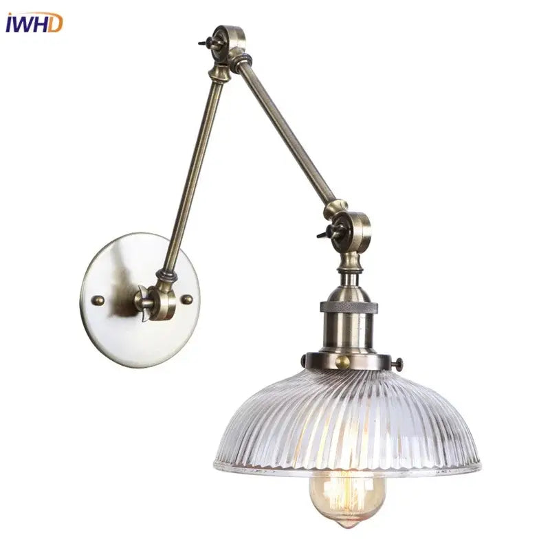 Antique brass ribbed led glass swing arm wall lamps for bedroom