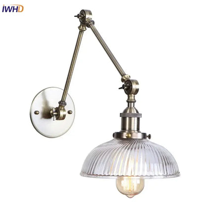 Antique brass ribbed led glass swing arm wall lamps for bedroom
