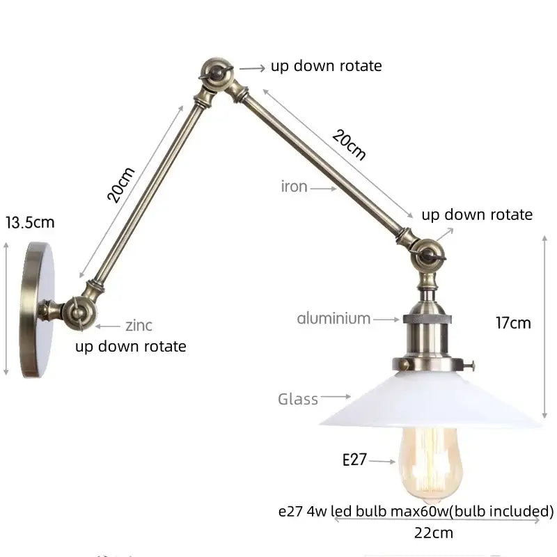 Antique brass ribbed led glass swing arm wall lamps for bedroom